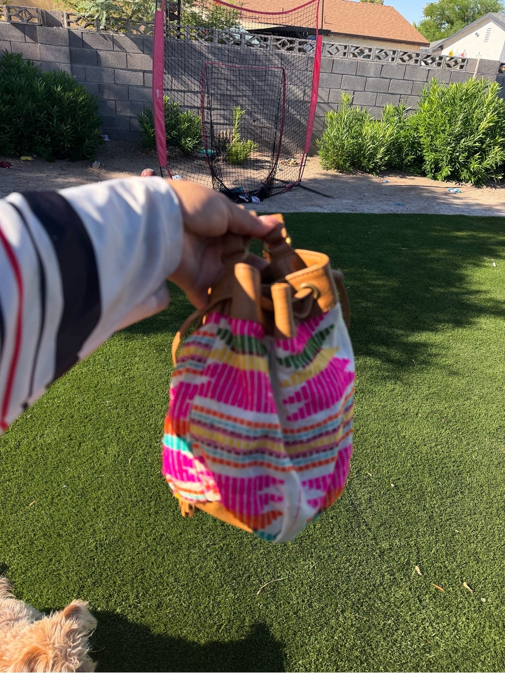 Moschino Multicolor Canvas Mini Drawstring Bag with Tan Trim